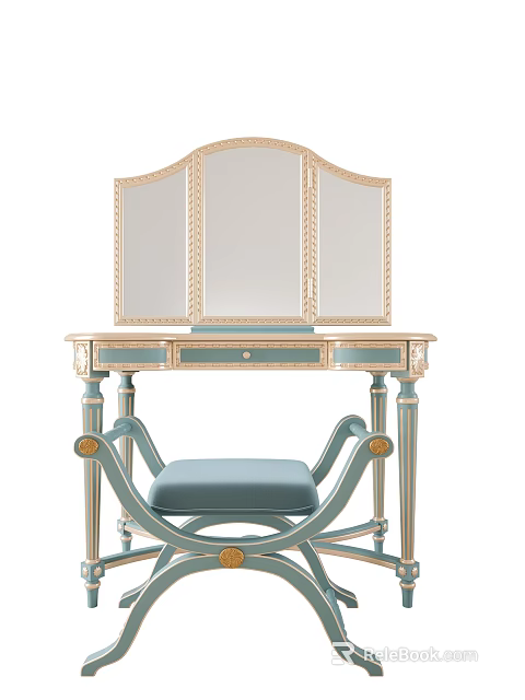 Elegant Dressing Table with Tri Fold Mirror Gold Carved Details and Light Blue Upholstered Stool 3d model 