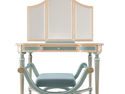 Elegant Dressing Table with Tri Fold Mirror Gold Carved Details and Light Blue Upholstered Stool 3d model
