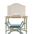 Elegant Dressing Table with Tri Fold Mirror Gold Carved Details and Light Blue Upholstered Stool