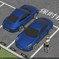 Blue Porsche Sports Cars Parked In Parking Lot With Person Standing Nearby