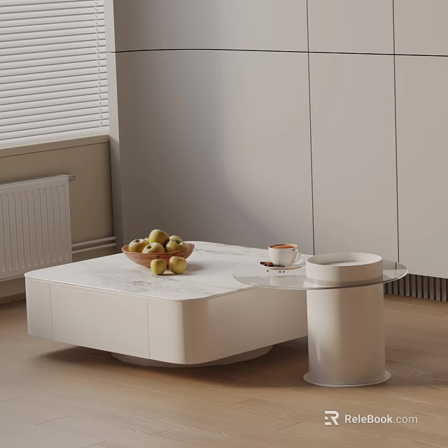 White Sofa Coffee Table Set With Marble Top Apples Coffee Cup And Side Table 3d model