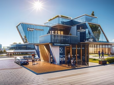 Modern Commercial Street With Glass Facades Retail Stores Pedestrians And Green Outdoor Spaces 3d model