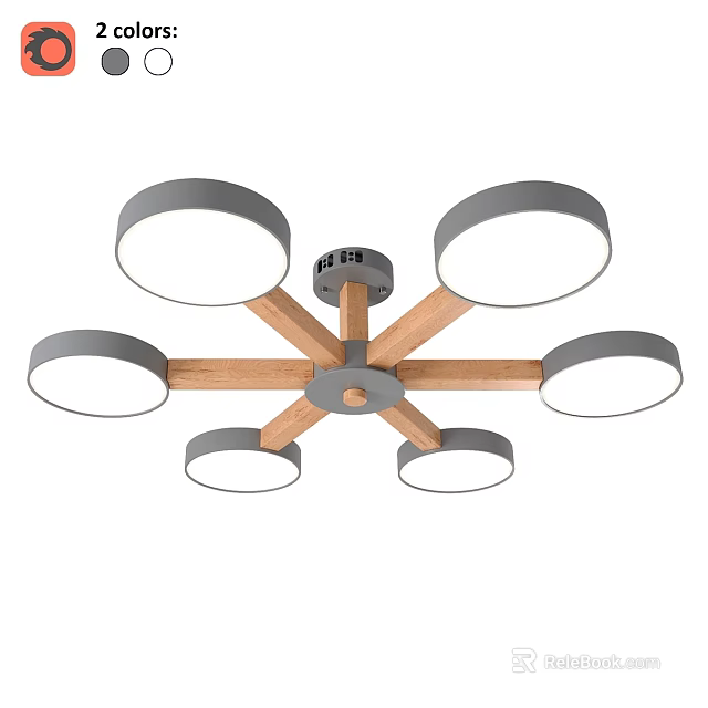 Modern Six Light Chandelier With Wooden Frame And Gray Shades 3d model 
