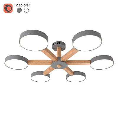 Modern Six Light Chandelier With Wooden Frame And Gray Shades 3d model