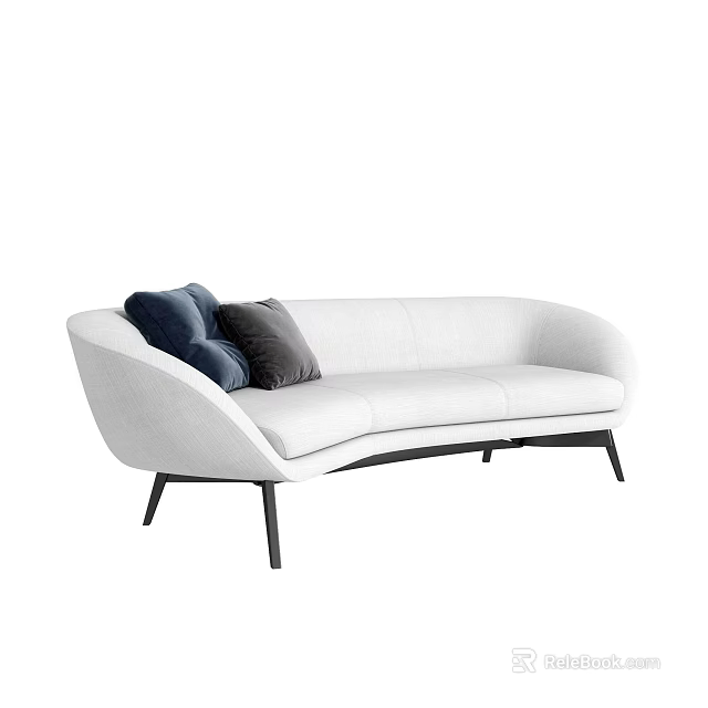 Modern White Sofa With Navy And Gray Pillows And Black Metal Legs 3d model 