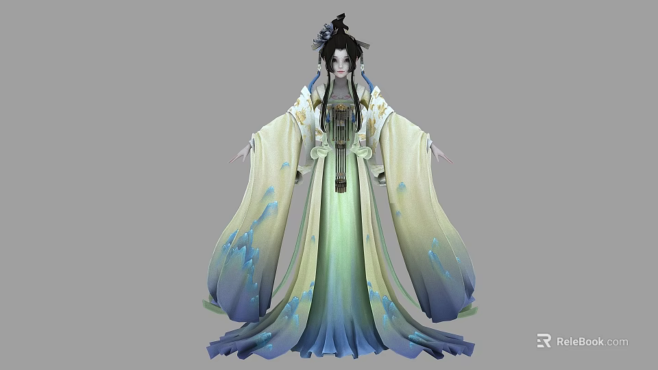 A Woman In Traditional Chinese Gradient Dress With Flowing Skirt And Hair Accessories 3d model 