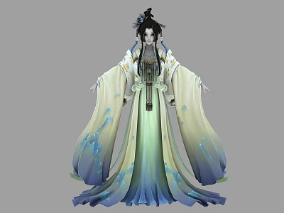 A Woman In Traditional Chinese Gradient Dress With Flowing Skirt And Hair Accessories 3d model