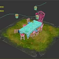 Outdoor Dining Setup With Grass Table Chairs Red Lanterns And Tableware