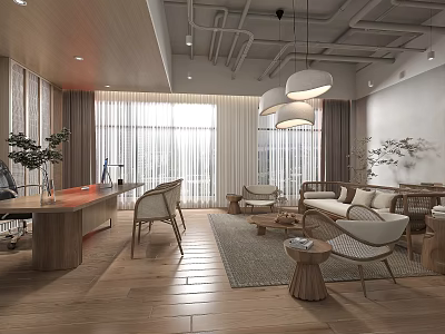 Modern Casual Lounge Area with Wooden Flooring Sofa Chairs Rug Hanging Lamps and Plants 3d model