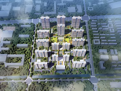 Aerial View Of Modern Residential Complex With High Rise Buildings And Central Green Area 3d model