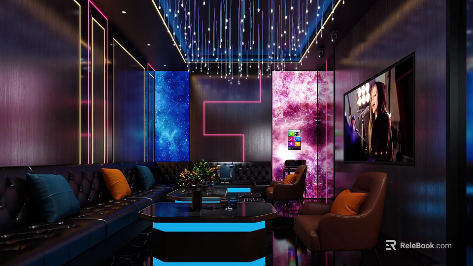 Modern KTV Room Design With Starry Background Wall Neon Lights And Comfortable Sofas 3d model