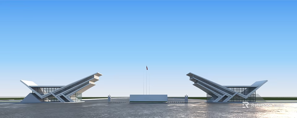Modern Entrance Gate With Red Flag And Symmetrical Architectural Design In Open Plaza 3d model 