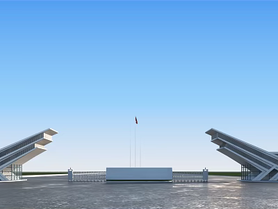 Modern Entrance Gate With Red Flag And Symmetrical Architectural Design In Open Plaza 3d model