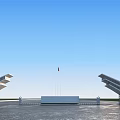 Modern Entrance Gate With Red Flag And Symmetrical Architectural Design In Open Plaza