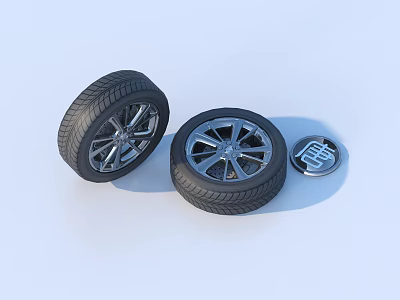 Set of Two Car Tires With Silver Alloy Wheels And Round Metal Emblem 3d model