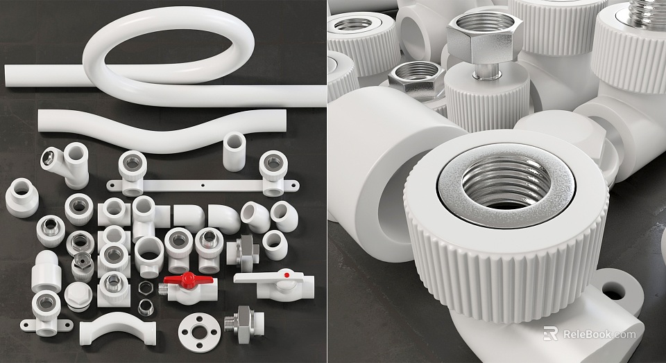 White Pipe and Fitting Components with Elbows Valves Connectors and Threaded Joints 3d model 