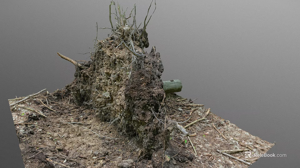 Natural Scene Featuring Earth Mound With Dry Branches Tree Roots Green Log And Scattered Soil 3d model 