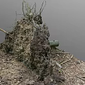 Natural Scene Featuring Earth Mound With Dry Branches Tree Roots Green Log And Scattered Soil