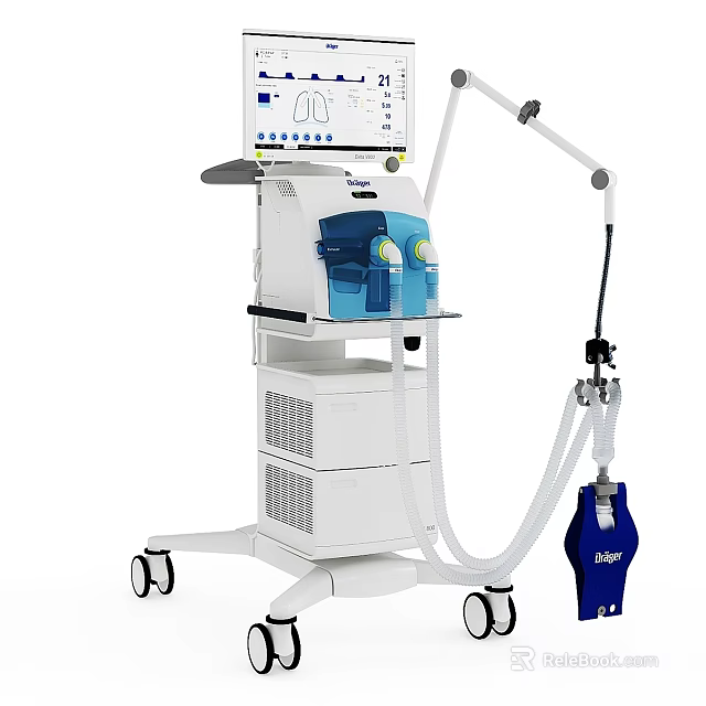Medical Ventilator Device With Display Screen Blue Components Tubing And Wheeled Stand 3d model 