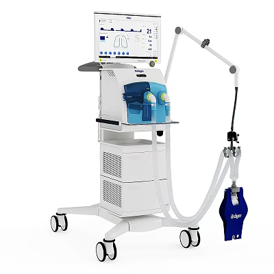Medical Ventilator Device With Display Screen Blue Components Tubing And Wheeled Stand 3d model