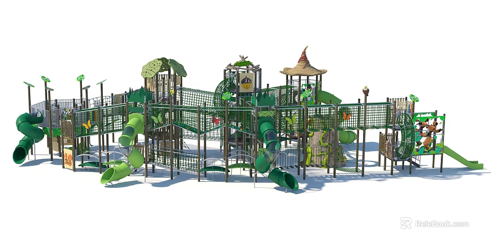 Garden Landscape Children's Play Area With Green Slides Climbing Nets And Mushroom Shaped Tops 3d model 