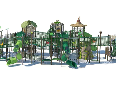 Garden Landscape Children's Play Area With Green Slides Climbing Nets And Mushroom Shaped Tops 3d model