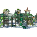 Garden Landscape Children's Play Area With Green Slides Climbing Nets And Mushroom Shaped Tops