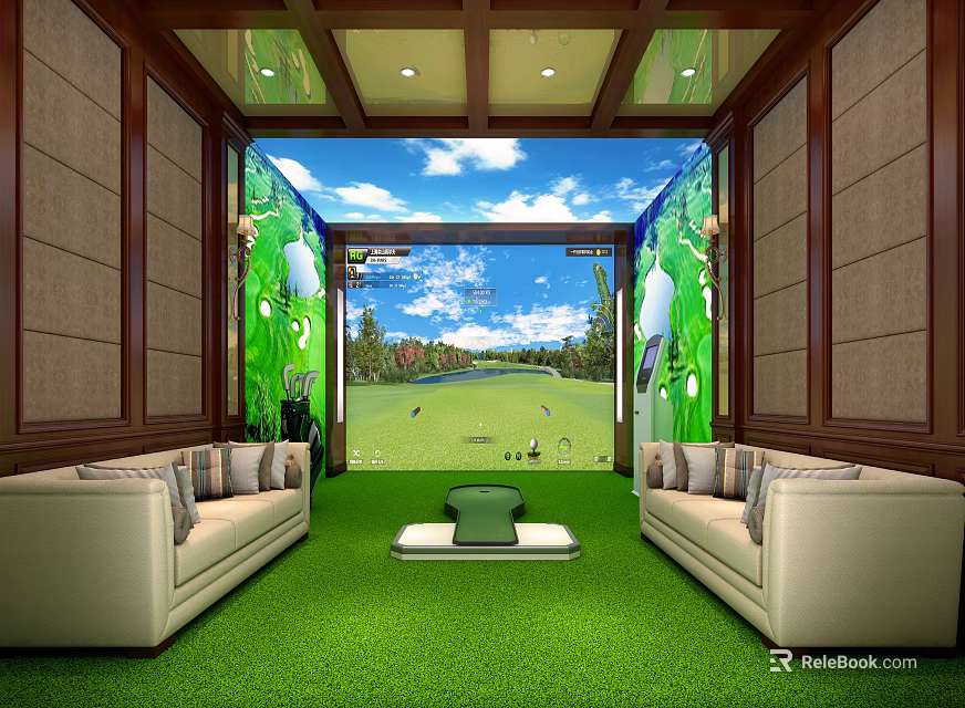 Golf Themed Clubhouse Interior Featuring Green Turf Floor Beige Sofas And Virtual Golf Course View 3d model 