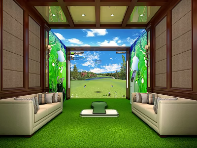 Golf Themed Clubhouse Interior Featuring Green Turf Floor Beige Sofas And Virtual Golf Course View 3d model