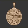 Golden Circular Pendant Featuring Intricate Maze Pattern Symbol Design And Reflective Surface 3d model