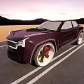Sleek Burgundy Futuristic Car With Unique Yellow Wheels Driving On Open Road At Sunset