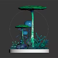 Cartoon Scene Featuring Large And Small Mushrooms With Surrounding Plants On Circular Base