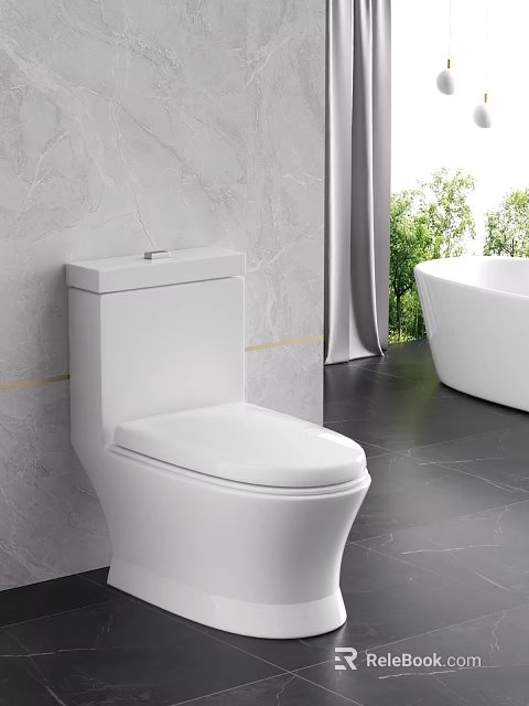 Modern White Toilet in Bathroom with Marble Wall Bathtub Natural Light Green Plants 3d model 