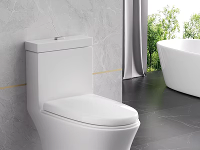 Modern White Toilet in Bathroom with Marble Wall Bathtub Natural Light Green Plants 3d model