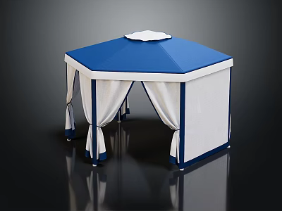 Hexagonal Garden Pavilion With Blue Top And White Curtains For Outdoor Use 3d model