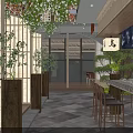 Traditional Japanese Restaurant Interior with Wooden Bar Counter Dining Tables and Green Plants