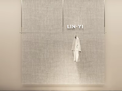 LIN YI Clothing Store Displaying White Coat on Beige Textured Wall 3d model