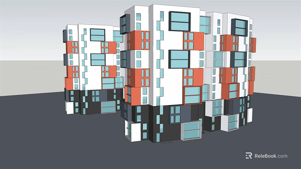 Two Modern Residential Buildings With Colorful Square Windows And White Exterior 3d model 