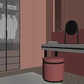 Pink Walk in Closet Interior Design With Glass Door Wardrobe Round Mirror And Pink Stool