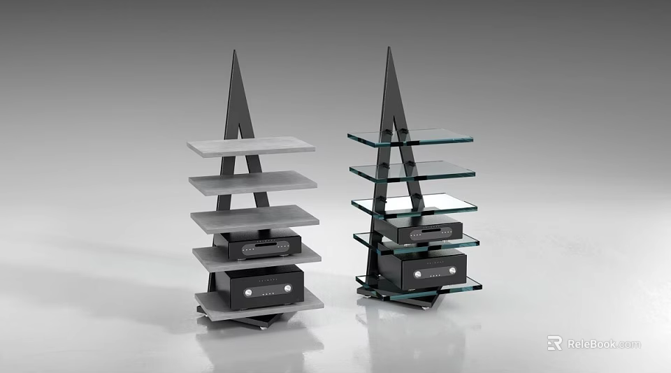 Modern Geometric Shelving Unit With Glass Shelves And Black Metal Frame Design 3d model 