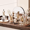 Elegant Vanity Table Arrangement With Perfume Cosmetics Makeup Brushes Skincare Bottles And Gold Mirror