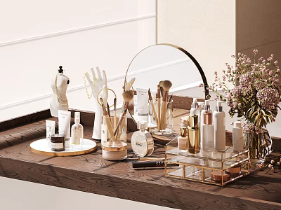 Elegant Vanity Table Arrangement With Perfume Cosmetics Makeup Brushes Skincare Bottles And Gold Mirror 3d model
