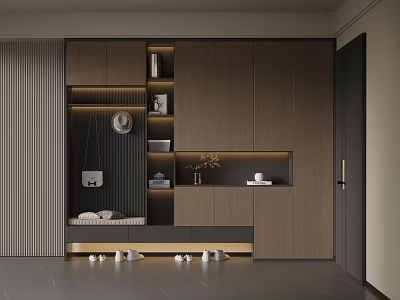 Modern Wooden Shoe Cabinet Design With Tiered Storage Shelves Decorative Clock And Plants 3d model