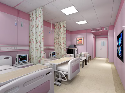 Pink Hospital Room Interior With Beds Medical Equipment Curtains And TV 3d model