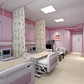 Pink Hospital Room Interior With Beds Medical Equipment Curtains And TV