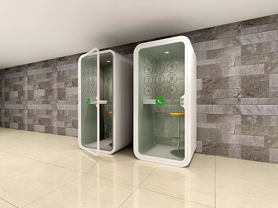 Public Phone Booths With White Transparent Doors Stone Wall And Tile Floor 3d model