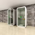 Public Phone Booths With White Transparent Doors Stone Wall And Tile Floor