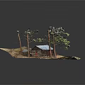 Rustic Log Cabin Model With Blue Roof Surrounding Trees And Dirt Ground