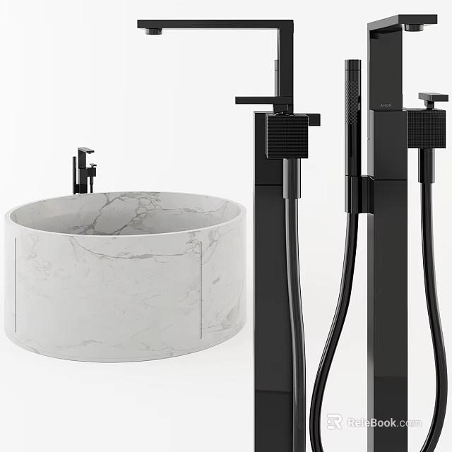 Modern White Marble Bathtub Design With Black Shower Fixtures And Sleek Interior 3d model 