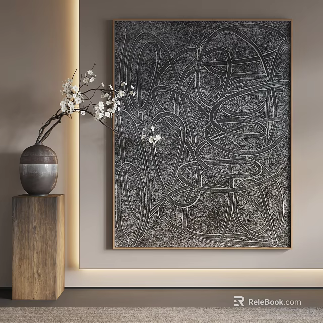 Abstract Painting Featuring Intricate Curved Lines With Vase Of White Flowers On Wooden Pedestal 3d model 
